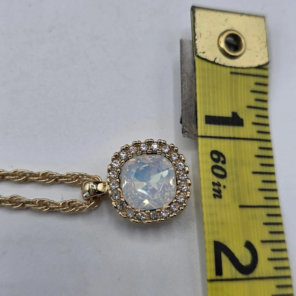 Charter Club Gold Tone Cushion Opal Glass Crystal Halo Pendant Rope Necklace